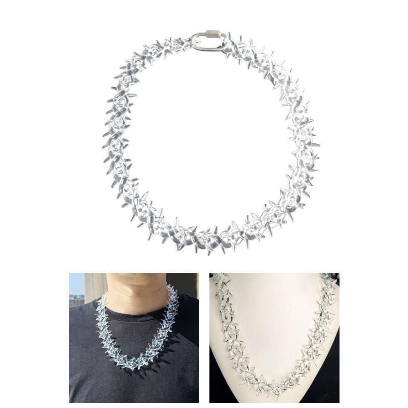 Rock Punk Acrylic Spikes Chain Necklace Clear Lock Pendant Jewelry Clear Thorns Necklace Suitable for Men and Women