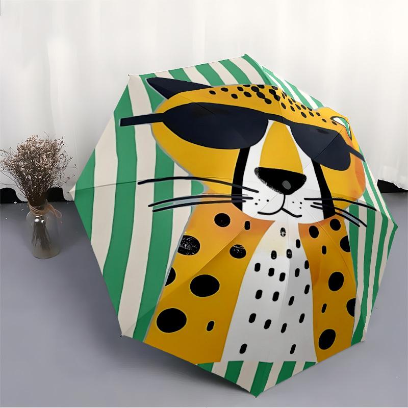 1pc Cool Cheetah Stylish Leopard Automatic Folding Umbrella, 8-Rib Durable Iron Frame, Compact Travel Umbrella for Women & Men 098