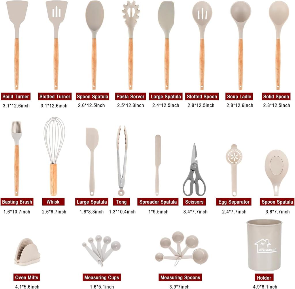 Silicone Kitchenware Set with Wooden Handle 29-piece Set