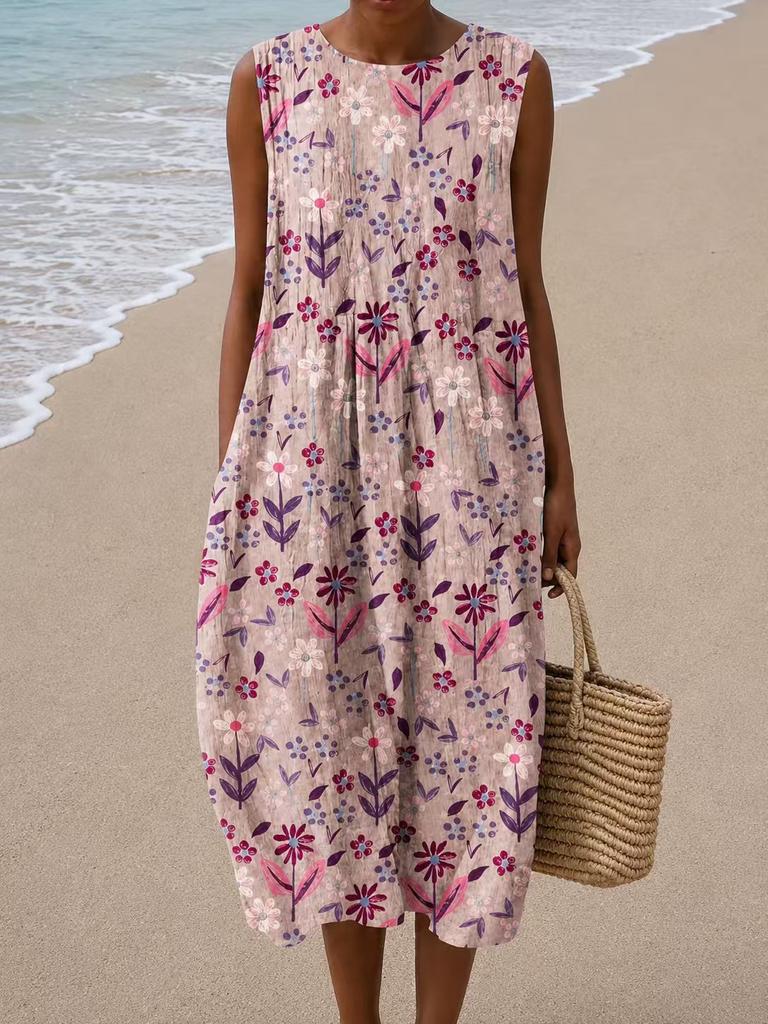 Sleeveless dress 26 new shrink pleated large version loose casual round neck digital printing - bamboo hemp