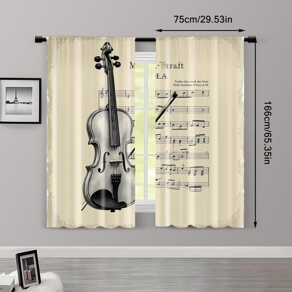 2pcs   Curtain Set Classic Violin & Sheet Music Design Machine Washable Polyester (without Rod) Versatile All for Bedroom   Living