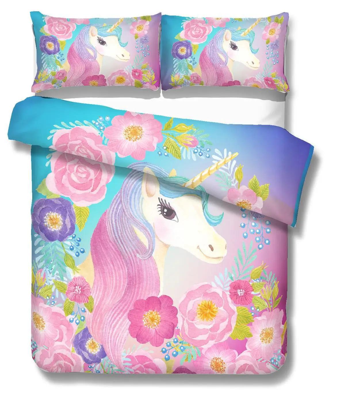 

Printed Unicorn Bedding Cartoon Duvet Cover Set Housse De Couette Dream Animal Pink Princess Bedset Cover 172X218Cm 228X228Cm Y EU single(135x200cm)