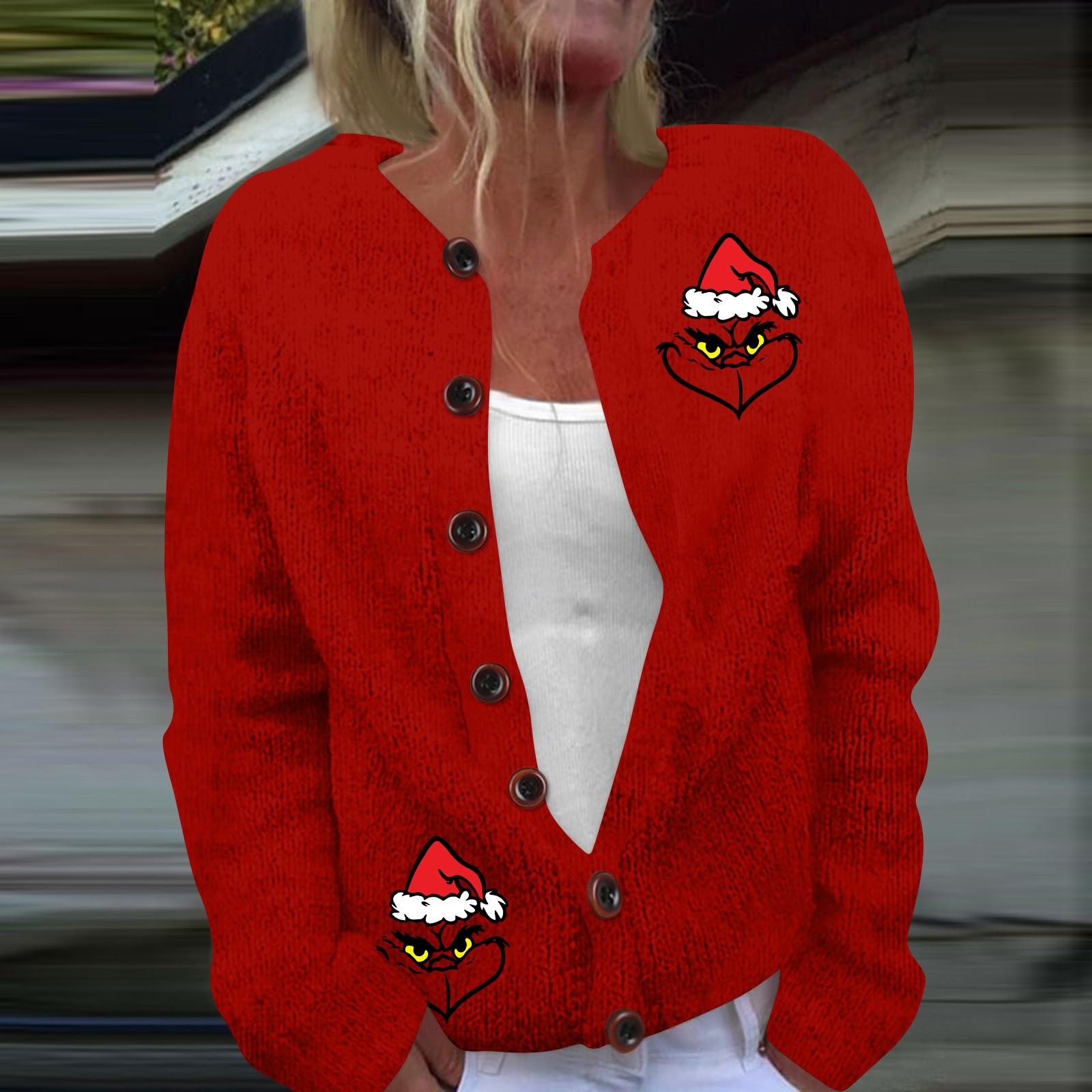 

Женская мода рождественский принт длинный рукав вязаный кардиган пуховик XXXXL красный