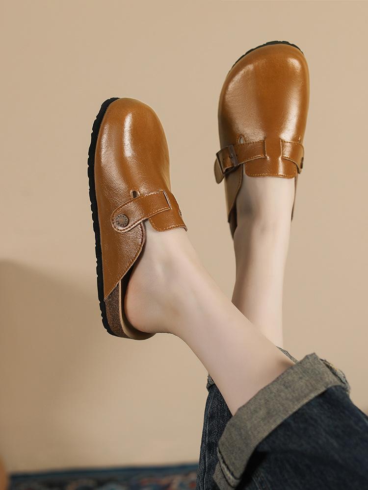 Spot Korean version of retro leather bag head half drag women 2024 new simple and versatile comfortable thick-soled soft-soled Boken shoes