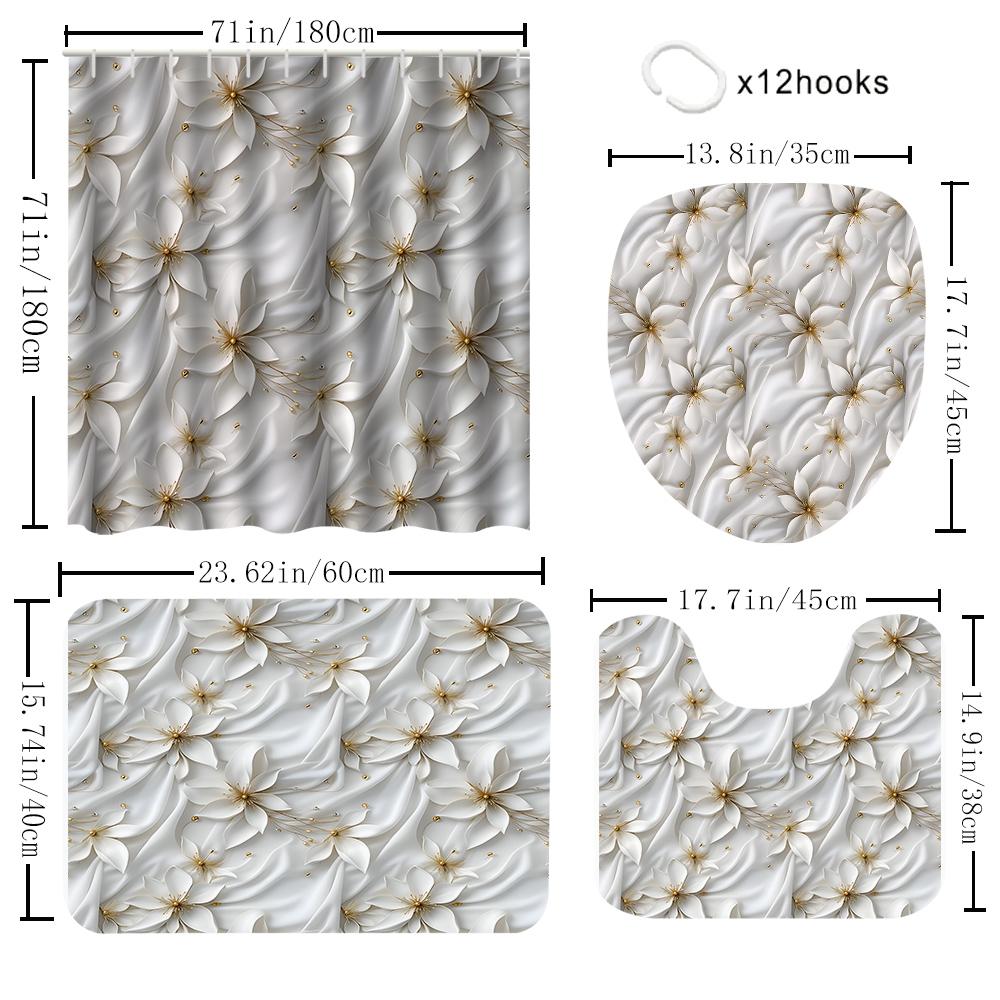 1/4 White Flower Shower Curtains, Toilet Seat Decoration, Shower Curtain With Carpet And Toilet Lid, 12 70.8X70.8 Inch Hooks