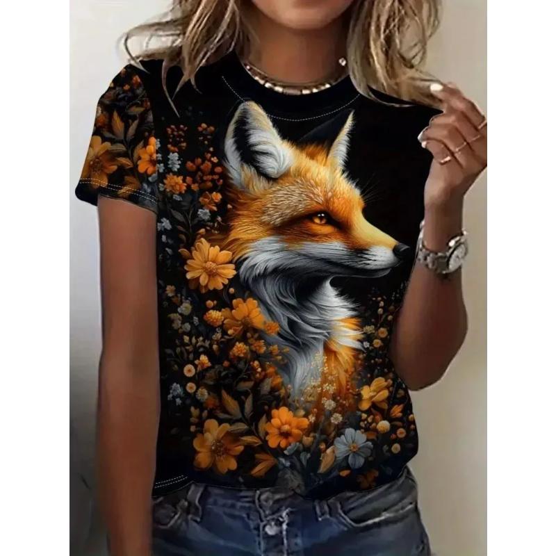 Comfortable Tee Fashion Women's Color Animal Short Sleeve Crew Neck T-Shirt Crew Neck Short Sleeve 3D Animal Color Printing Tops