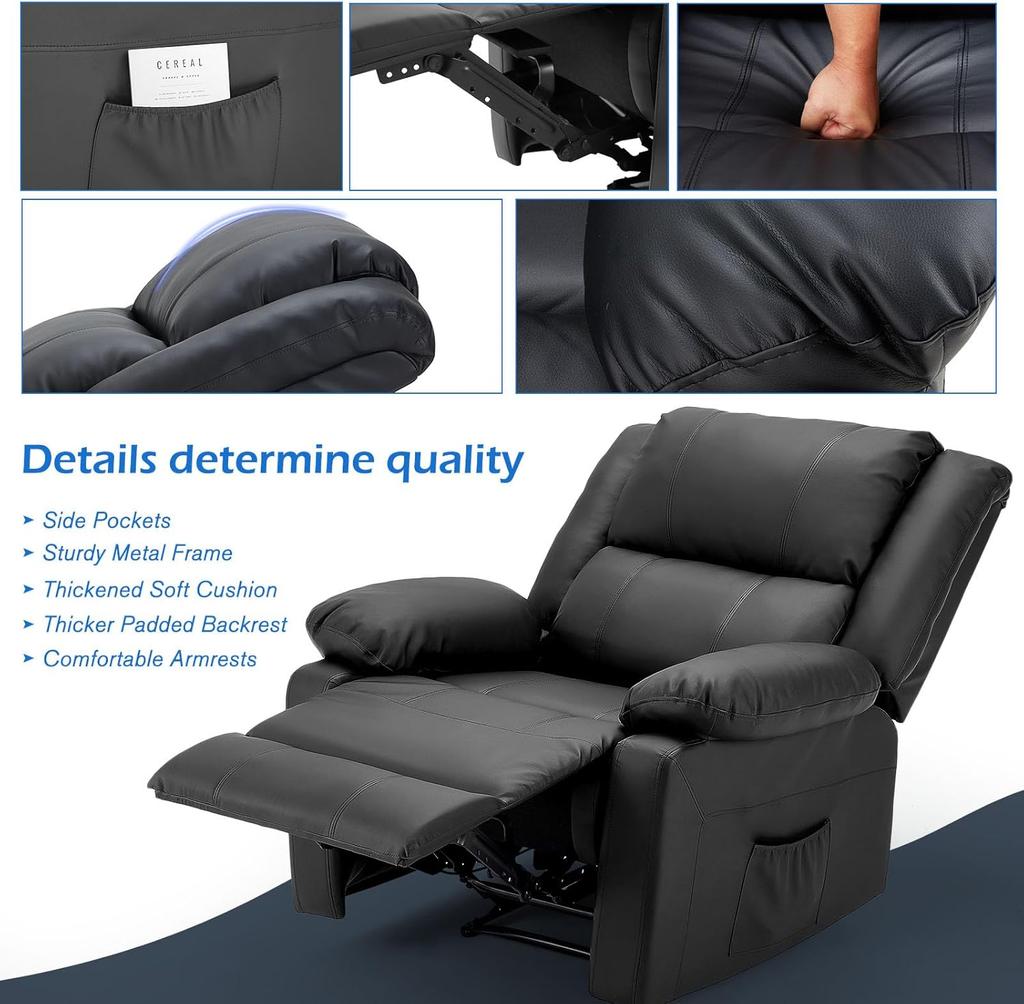 YODOLLA Ergonomic Recliner Chair – Adjustable TV Chair with Footrest , Modern Faux Leather, Manual Controls & Side Pockets (Black)