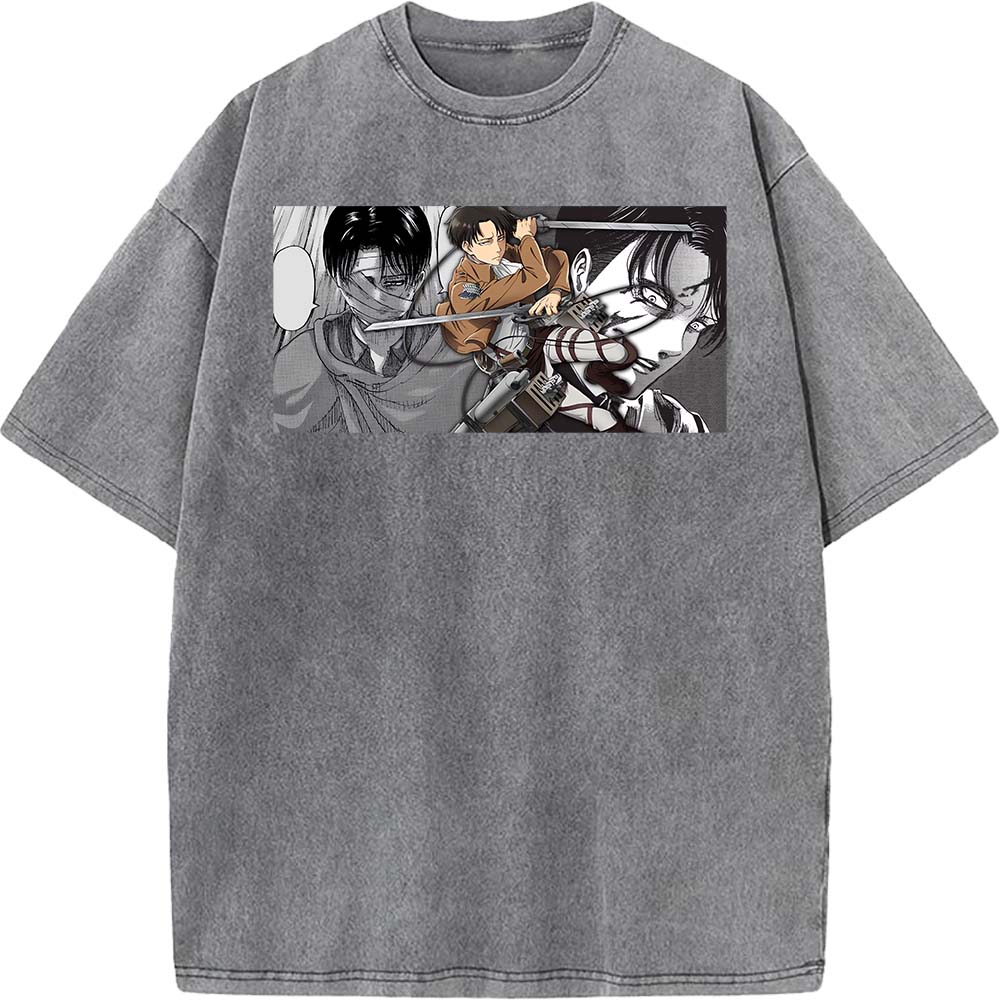 Anime Attack On Titan Levi Ackerman Graphic Tee Men Women Washed Cotton Tshirts Casual Manga T Shirt Harajuku Male Retro T-shirt