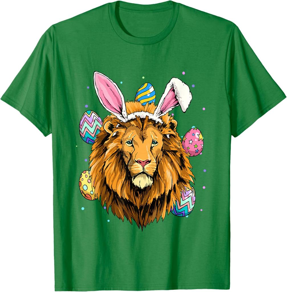Lion Wearing Easter Bunny Ears Graphic Tee Cotton Short Sleeve Crew Neck Casual T-Shirt
