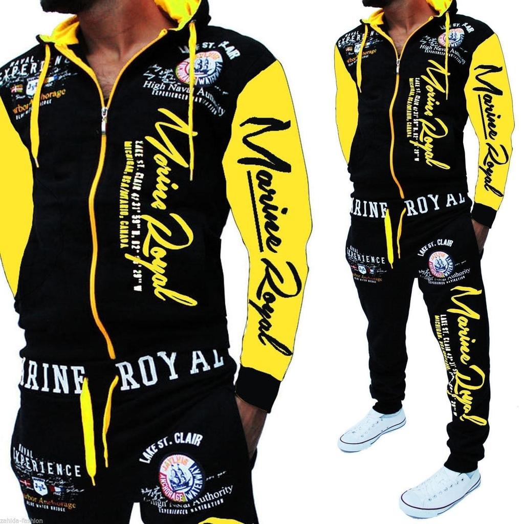 Tuta da uomo Marine Royal stampata con cappuccio, maniche e pantaloni a contrasto