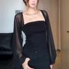 Summer thin perspective splicing mesh sunscreen shirt top women's collar slim tube top flared sleeve Spice girl bottoming shirt