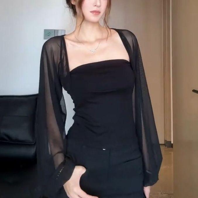 Summer thin perspective splicing mesh sunscreen shirt top women's collar slim tube top flared sleeve Spice girl bottoming shirt