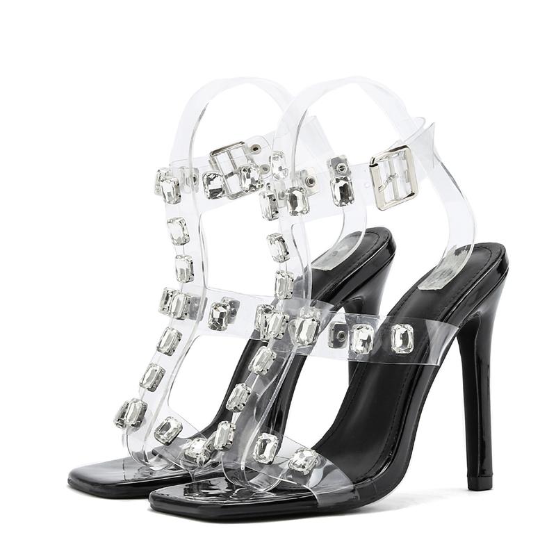 

Eilyken/пикантные женские босоножки на тонком высоком каблуке с пряжкой и ремешком, элегантные дизайнерские туфли-лодочки из ПВХ с кристаллами и острым носком 35 чёрный