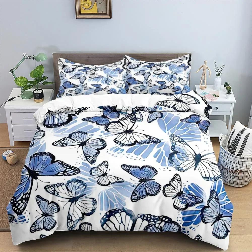 Luxury New 3D Print Butterfly Bedding Set Flower Duvet Cover Quilt Cover With Zipper Queen Double Polyester Girl Christmas Gift