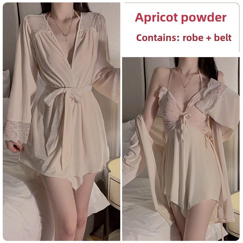 Sexy Backless Velvet Plus Chest Pad Pure Desire Suspender Nightdress Robe Loungewear Set
