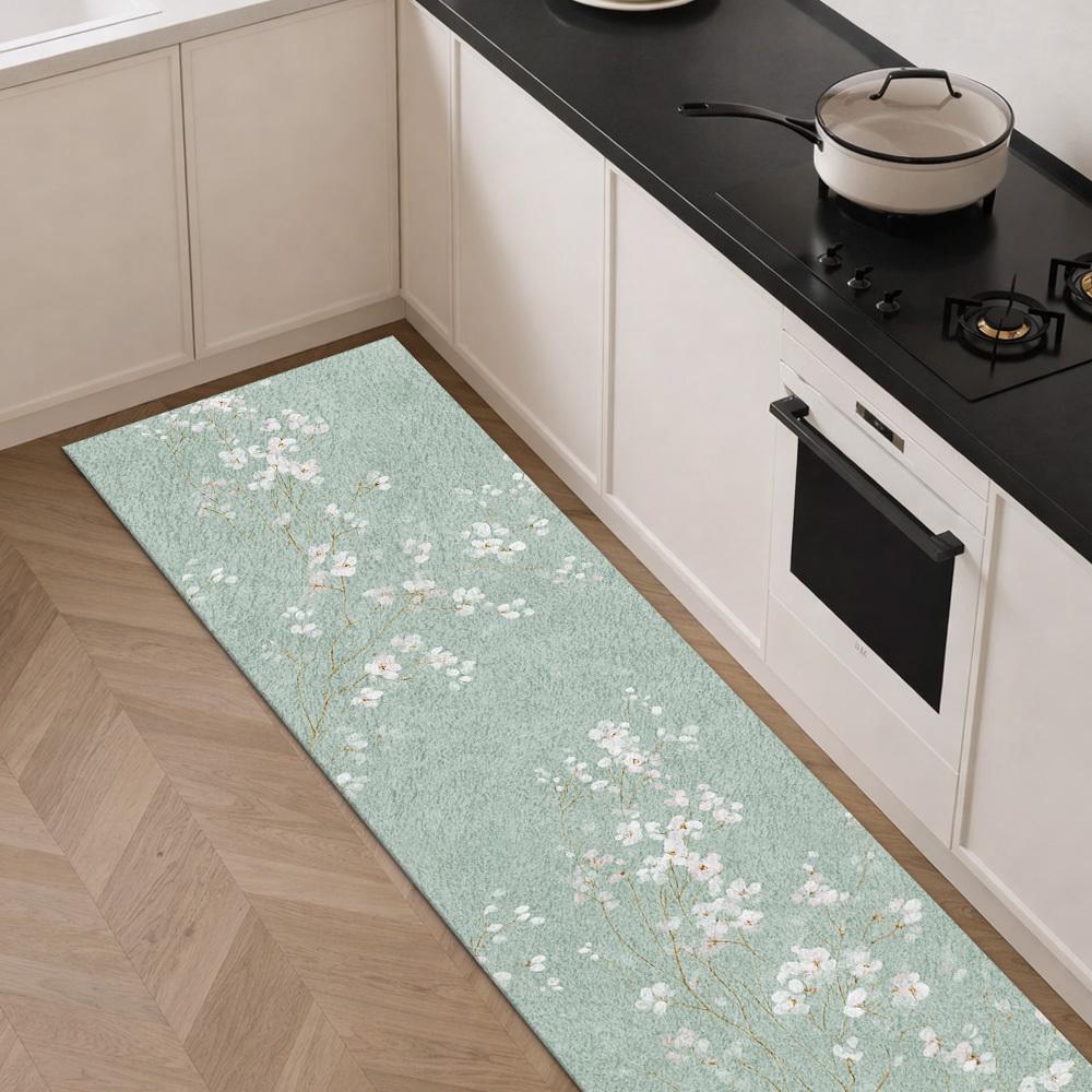 Pink Kitchen Teapot & Butterfly 100% Polyester Kitchen Mat, Non-Slip Soft Plush Floor Mat, Sweet Floral Decorative Mat for Ki