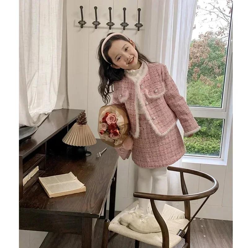 Frühling Winter Mädchen Kinder 2 Stücke Tweed Kleidung Sets Mode Kinder Anzüge für 1-10 Jahre kinder Baumwolle Gefütterte Jacke Mantel + Rock