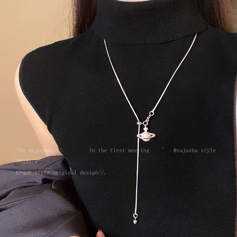 Saturn Pearl Pendant Tassel Necklace - Women's Adjustable Sweater Chain, High-End Autumn/Winter 2025 Collection.