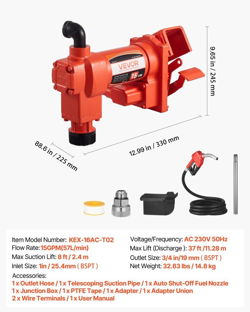 Kraftstoffförderpumpe 230V, 15 GPM 57 L/min, Wechselstrom Elektrische Ölpumpen, mit Automatischer Abschalt-Kraftstoffzapfpistole & Auslassschlauch, Hochdurchfluss-Kit für Benzin,