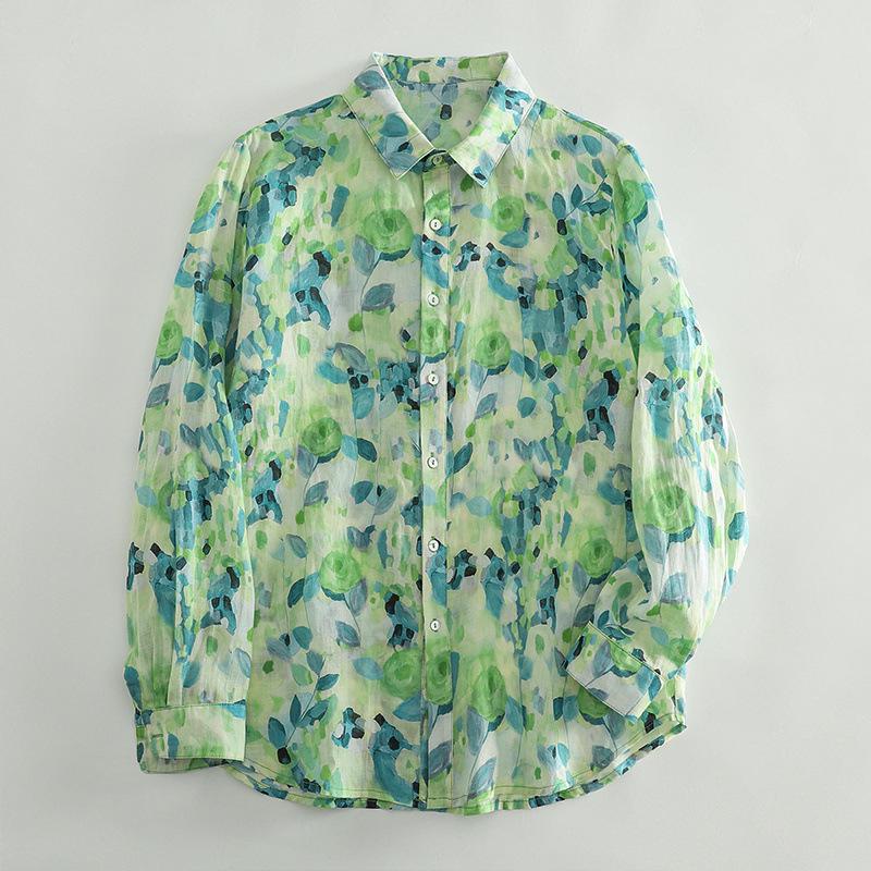 2025 Spring Green Floral Lapel Shirt for Women – Lightweight, Versatile & Loose Fit