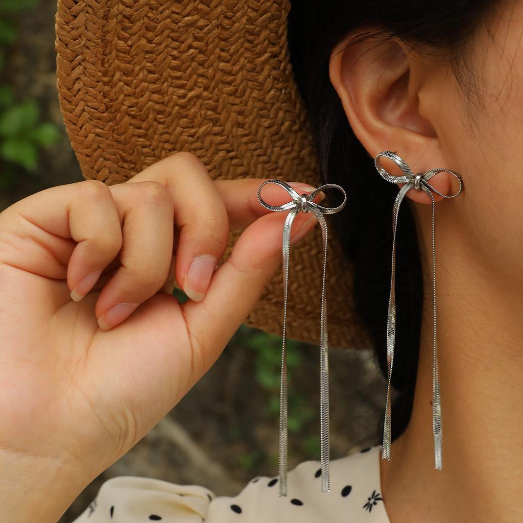 Elegant Women's Earrings Blade Chain Bow Gold Silver Color Earrings 2026 Trend Waterproof Stainless Steel Jewelry Lady Gift