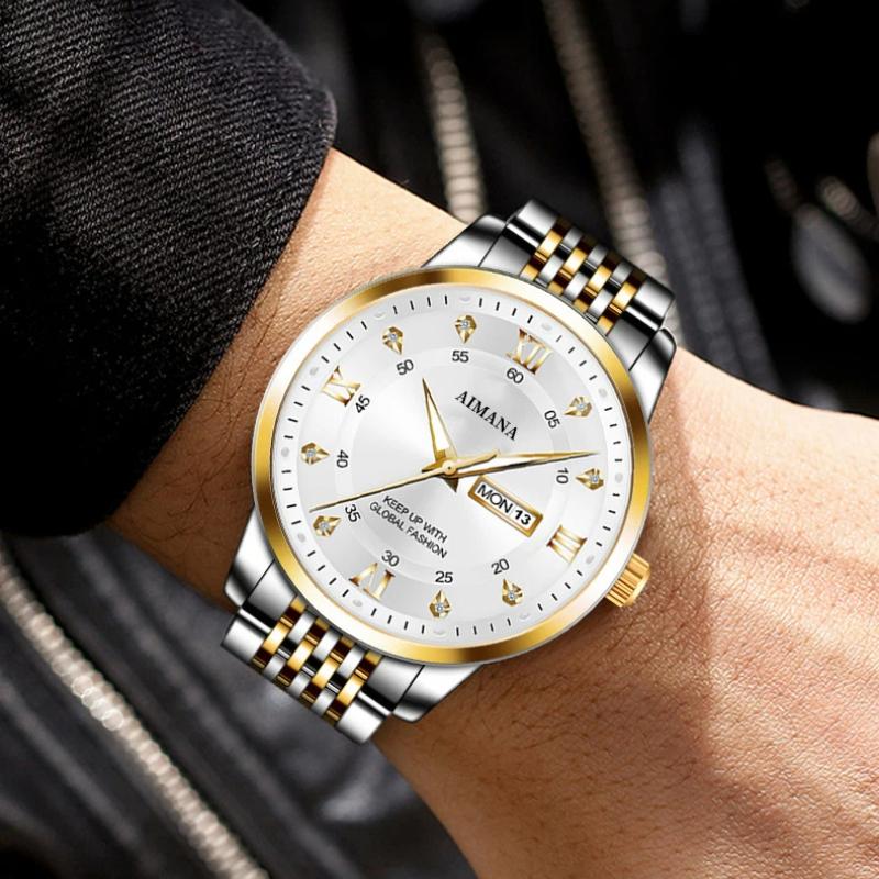 Business Men Watch Quartz Movement Dual Calendar Week Date Steel Band Roman Numerals Diamond Scale Male Wrist Clock