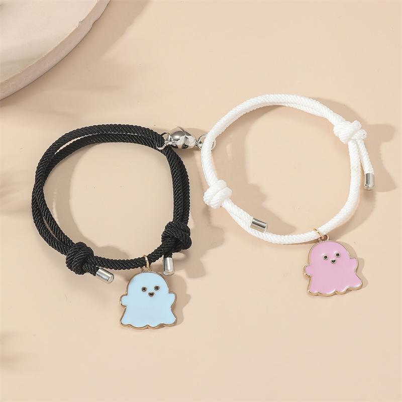 2pcs Fashion Heart Magnet Couple Bracelet Set For Lovers Women Ghost pendant Matching bracelet Friendship Jewelry Halloween Gift