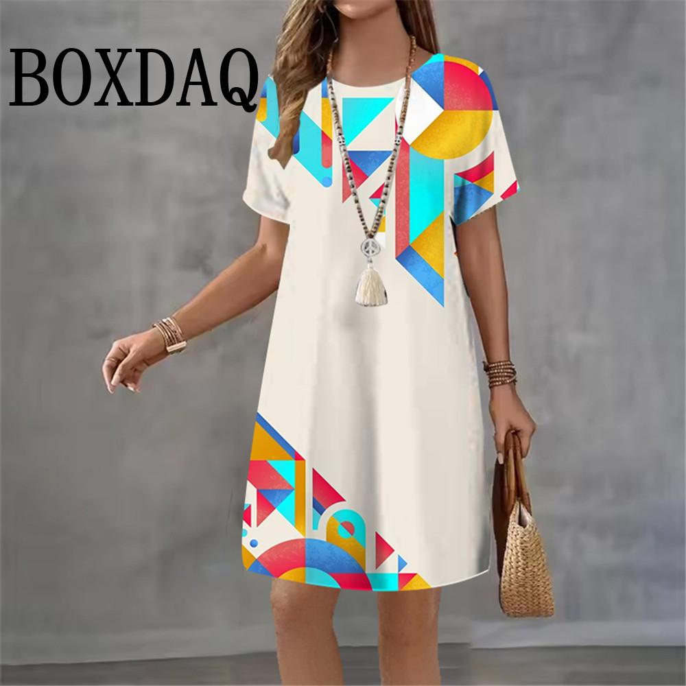 2026 Women Dresses Summer Dot 3D Printed Loose Clothing O-Neck Short Sleeved Clothing Fashionable Tie Dye Geometry Casual Dress