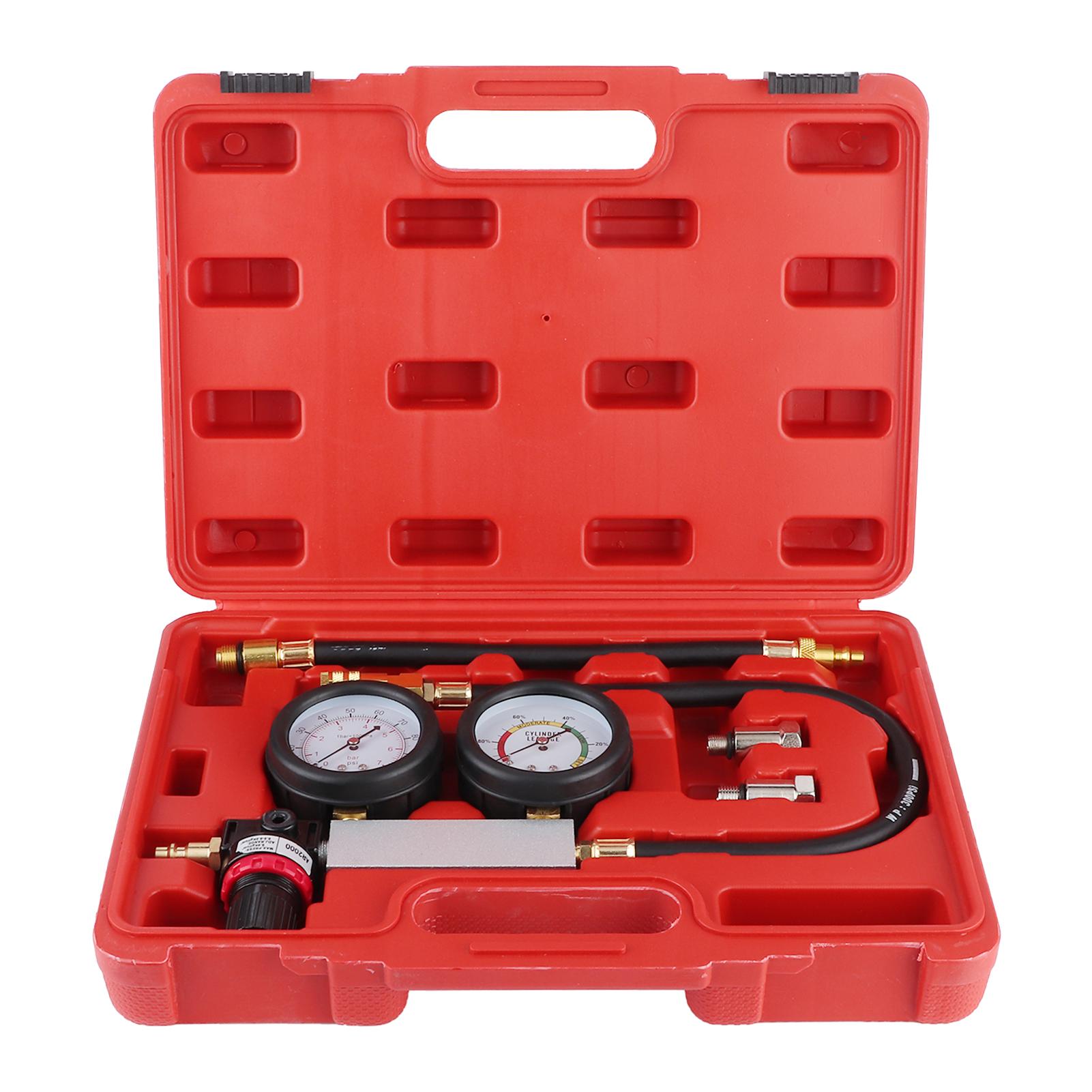 

Cylinder Leak Tester Double Pressure Gauge Compression Leakage Detector Kit 07bar0100psi