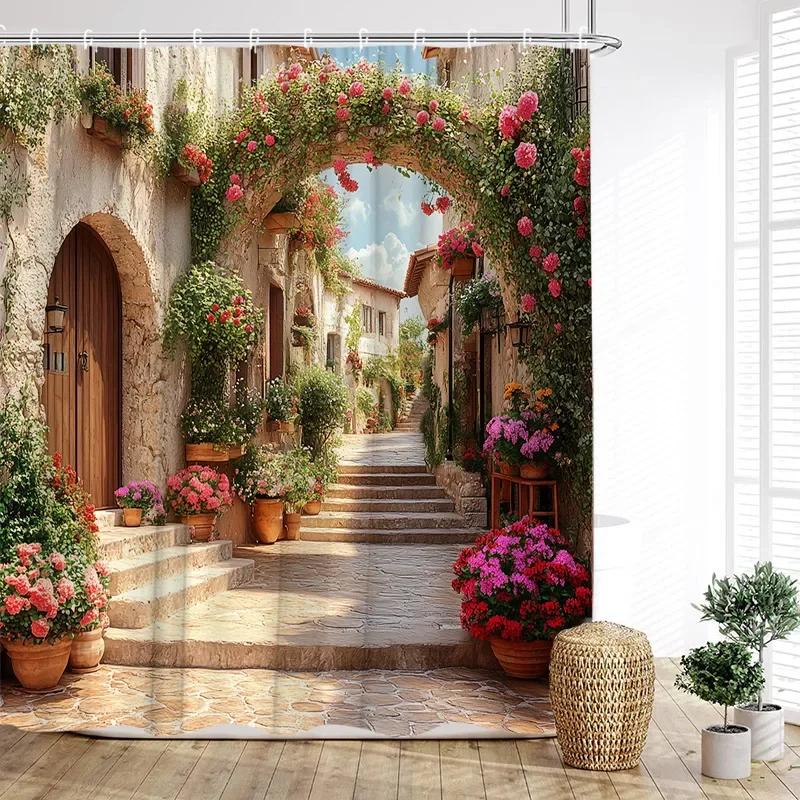 Tenda Doccia Vintage Strada Italiana Architettura ad Arco Pianta Floreale Scenario Tessuto Decorazione Bagno Casa Tende da Bagno con Ganci