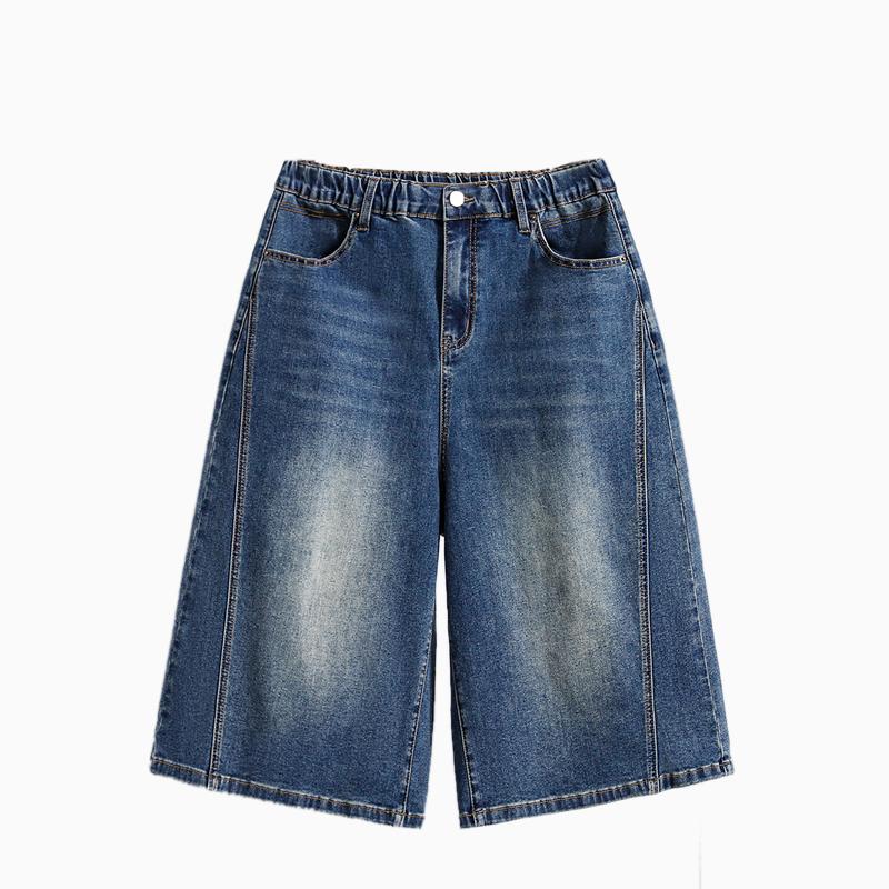 DIMANAF 2026 Sommer Plus Size Damebukser Jeans Underdele Elastisk Talje Oversize Løse Denim Bomuld Ensfarvet Blå Korte Bukser