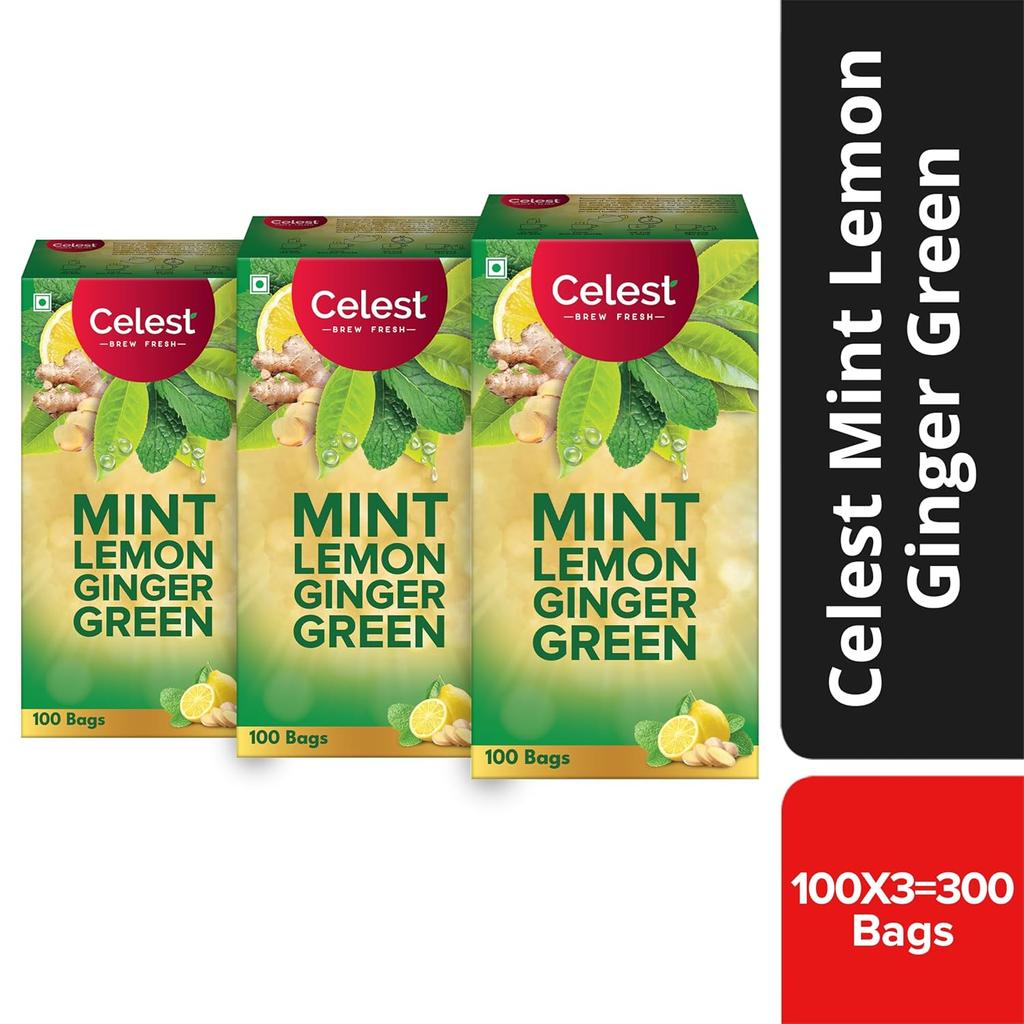Celest Green Tea Ginger Mint Lemon | 100 Tea Bags X Pack of 3 | Refreshing Weight Management Beverage