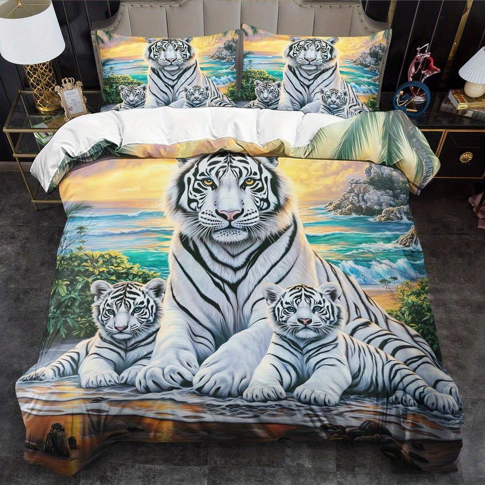 

White Tiger Theme Down Comforter Cover Set - 2/3pcs, Soft Comfortable Breathable, Fantasy Animal Pattern Printed Bedding Set Duvet Cover Set&EU Single(135x200cm)