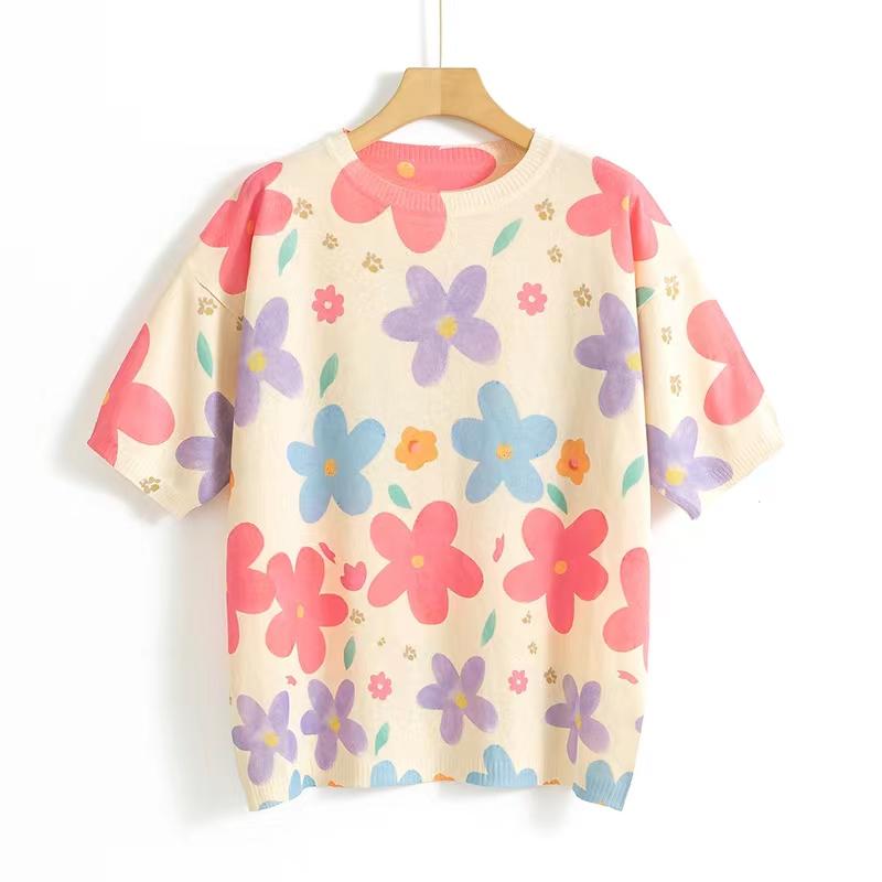 Dámské ležérní pletené topy do O s krátkým rukávem jarní pletené svetry s květinovým potiskem dámské prodyšné triko
