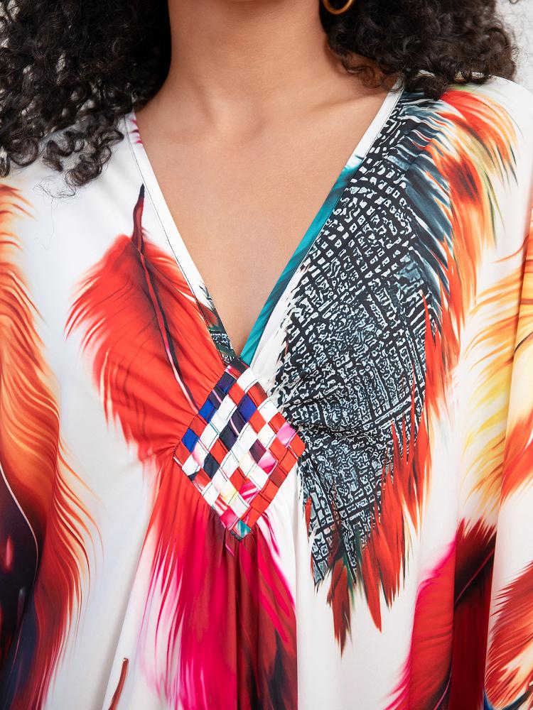 EDOLYNSA Plus Size Kaftan Bohemian Multicolored Leaves Printed Summer Long Beach Dress Women Homewear Outfit Swim Suit Cover Up Loose Caftan