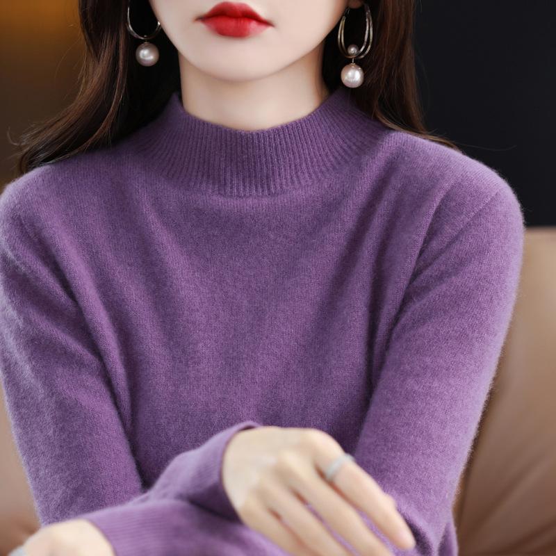 Autumn Winter 100% Wool High-Collar Long Sleeve Loose Knit Sweater Dress