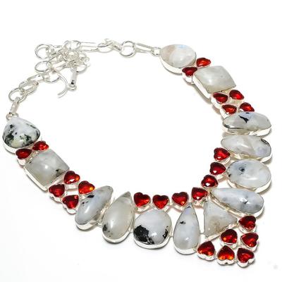 Natural Rainbow Moonstone, Garnet Gemstone 925 Sterling Silver Necklace 18" T0b89
