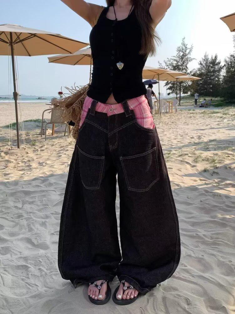 Guochao Retro Color Block Women s Wide Leg Patchwork Jeans with Pink Scarf 2XL