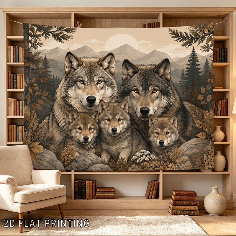 2D Flat - 2D Flat - 1pc 2D Flat Tapestry A Wolf Family Gathers in a Mountain Forest During Autumn, with Majestic Peaks And Golden Foliage Creating a S
