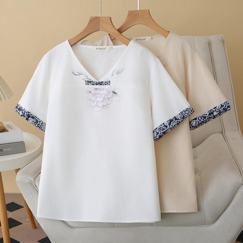 

B1 Plus Size Women s Ethnic V-Neck Short Sleeve Cotton Linen Shirt - Summer 2026 Arrivals 2XL (fits 140-160 jin) абрикосовий