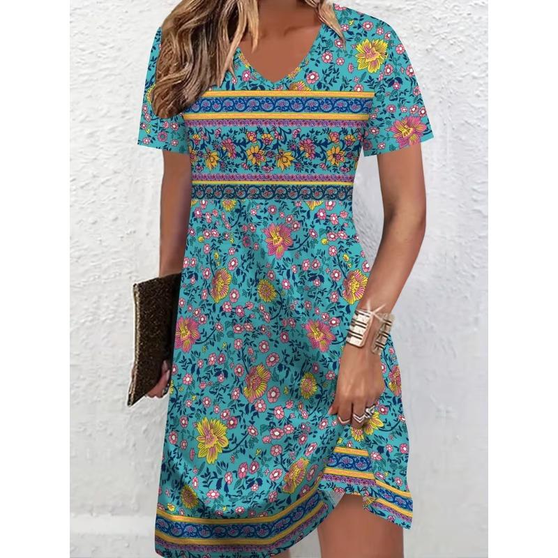

[Directional Style] 3D printing elegant holiday abstract painting flower graphics V-neck short-sleeved T-shirt dress summer new style 8XL