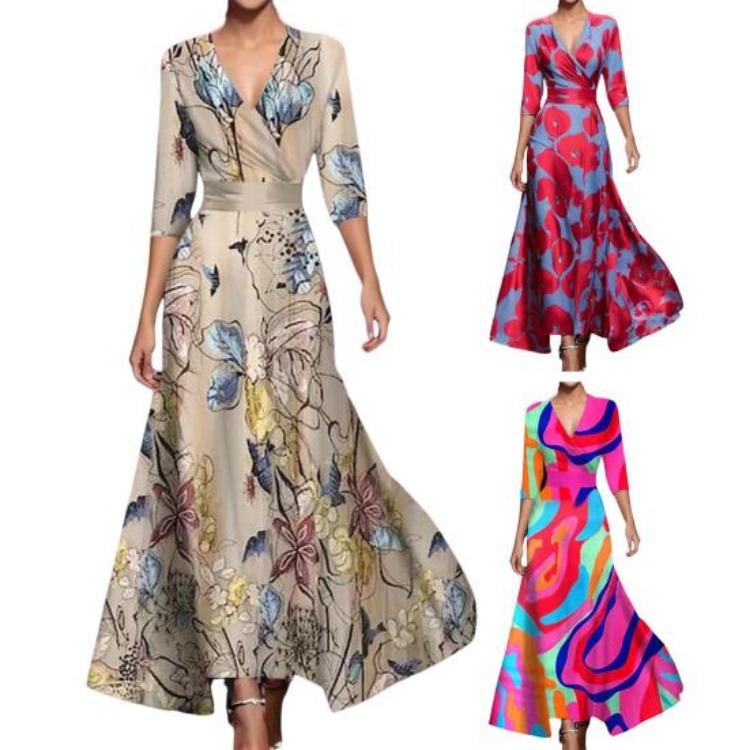 Cross V Neck Three Quarter Sleeves Colorful Print Maxi Long Dress Big Swing A-line Slim Waist for Dating Shopping Banquet Fall Spring
