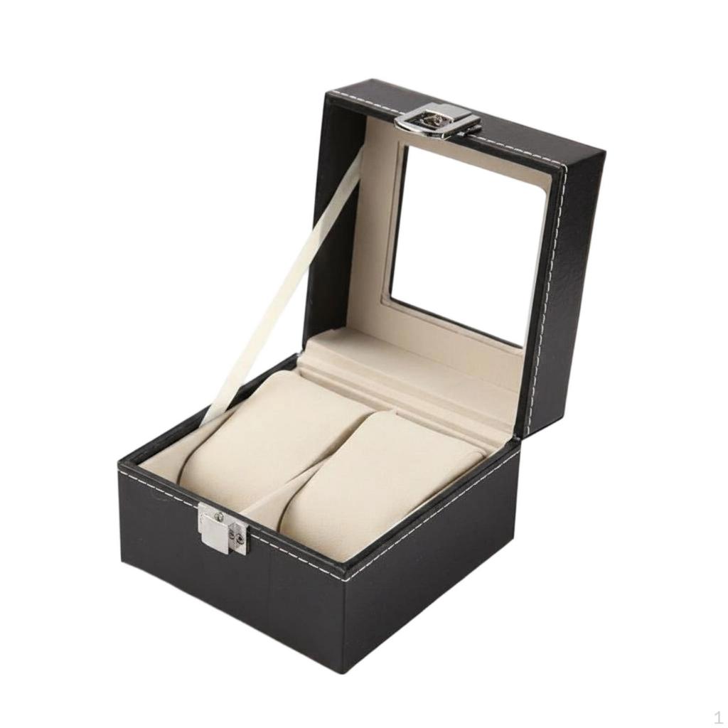 PU Leather Watch Box Window Lid Display Cushioned Pillows 2 Slot