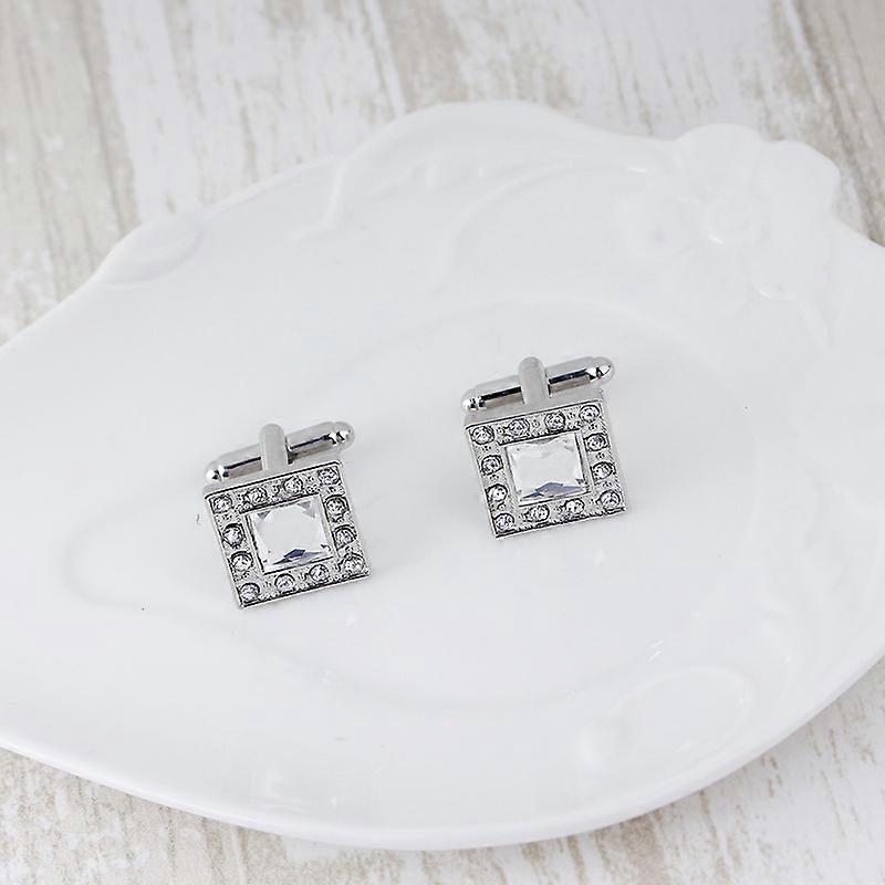 Fashionable square men's shirt cufflinks with rhinestone embellishments, French enamel shirt cufflinks B1159 - White