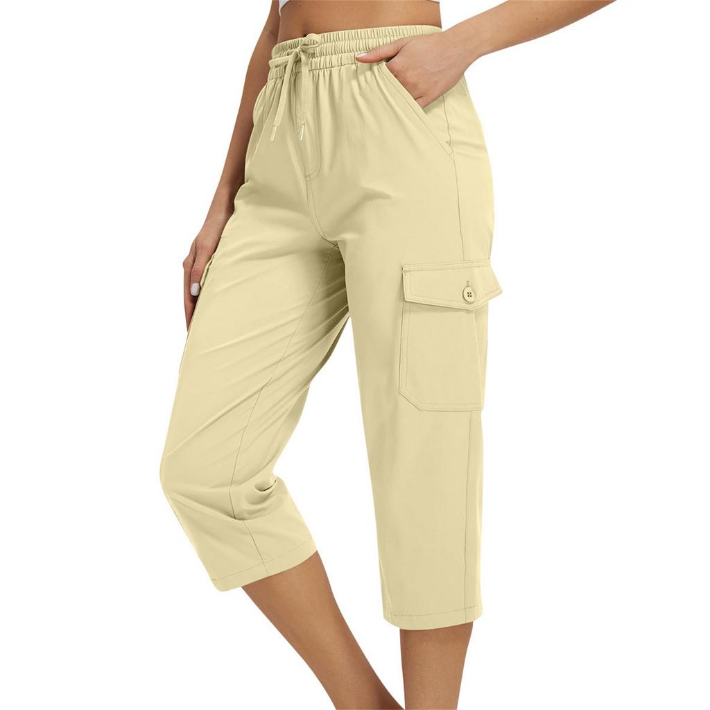 Damen locker sitzende High-Waist Wanderhose mit elastischem Bund, leicht, mit zwei Taschen, lässige Capri-Hose für Outdoor-Aktivitäten