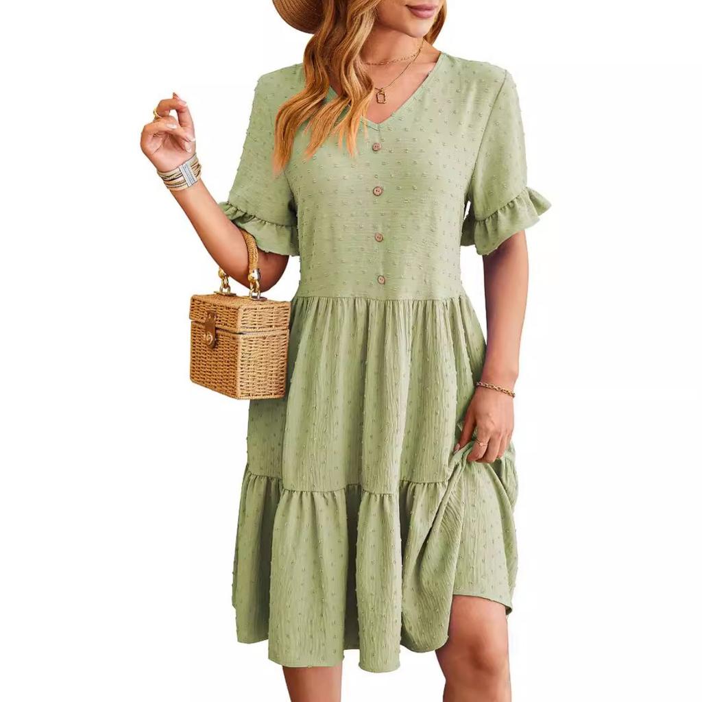 Spring Summer New Women's Jacquard V-neck High Waist Knee-length Pleated Dress, European American Style Leisure Women's Clothing