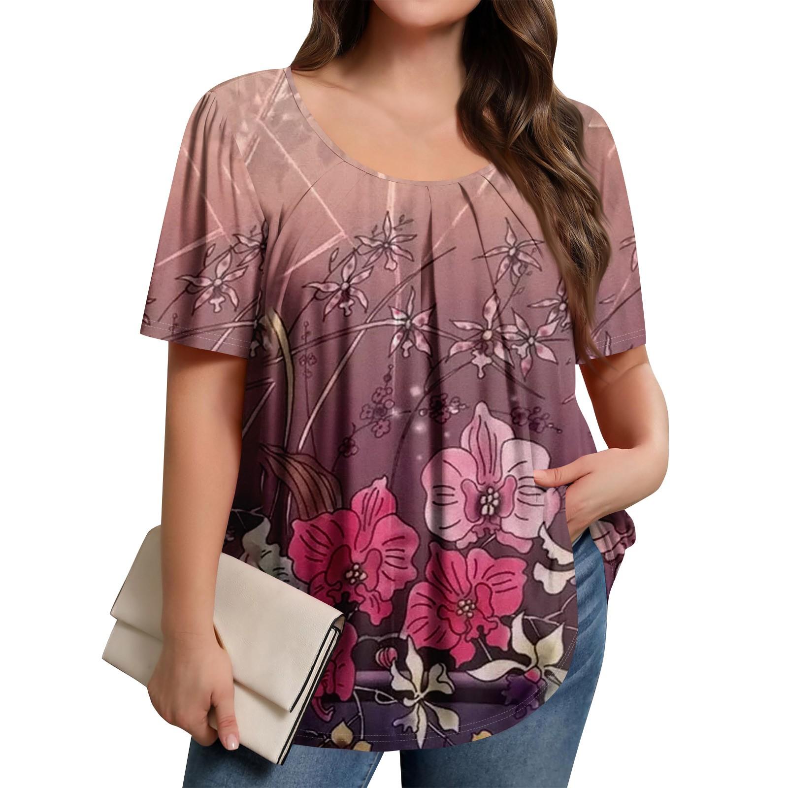 

Плюс Размер Женский Повседневный Круглый Вырез Плиссированный Короткий Рукав Однотонный Топ XXXXXL