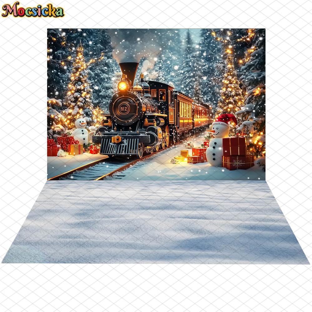 Mocsicka Christmas Train Backgrounds Photography Winter Snowman Xmas Tree Decorations Child Adult Photo Backdrop Festival Banner