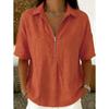 Women's Half Zip Collared Linen Blend Blouse Casual Short Sleeve Shirt with Solid Color
