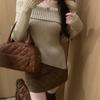 Women's Square Neck Knitted Sweater Autumn Winter Slim Knitted Base Layer Long Sleeve Pullover Irregular Knit Top